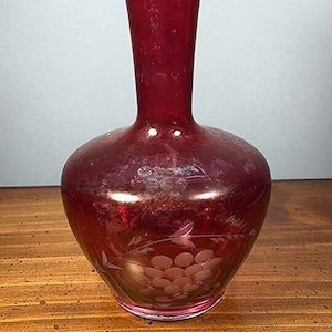 Vintage Cranberry Etched Glass Floral Vase