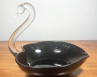 Vintage Black & Clear Hand Blown Swan Glass Candy Dish