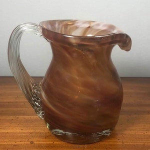Vintage Hand Blown Glass Mini Pitcher – 1970s Smith Old Timer Brown & Clear Swirl Creamer – Rustic Farmhouse Decor