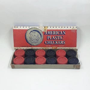 Vintage Elgo Plastic Checkers Set – 24 Interlocking Pieces, Red & Black with Eagle Design