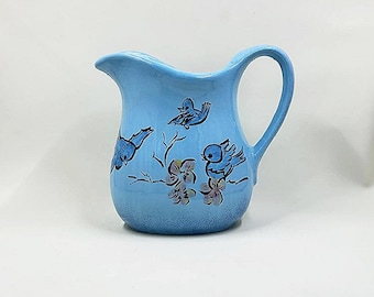 Bluebird Ceramic Pitcher - Hand-Painted Floral Jug - Mid-Century Kitchen Decor - Vintage Style Vase