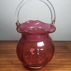 Vintage Cranberry Hand Blown Glass Handled Basket