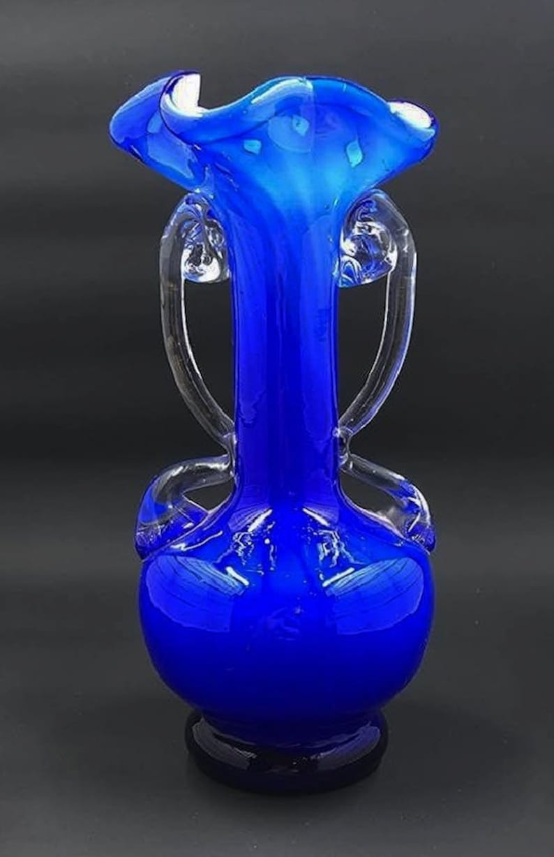 Vintage Dark Blue Hand Blown Glass Vase Etsy
