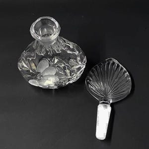 Vintage Etched Glass Perfume Bottle with Frosted Floral Design & Feather Stopper - Clear Glass Vanity Bottle