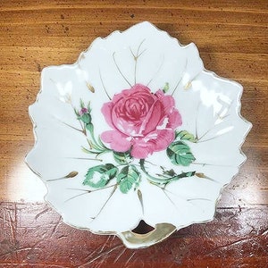 Floral Leaf Shaped Ceramic Trinket Dish - Vintage Ring Holder - Japan Jewelry Dish image 1