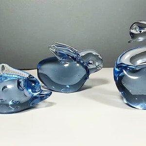 Vintage Blue Animal Art Glass Paperweight Set