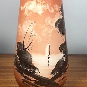 Vintage Portuguese Ceramic Vase – Hand Painted Coastal Scene – Beach Decor with Sailboat – Vintage Home Decor