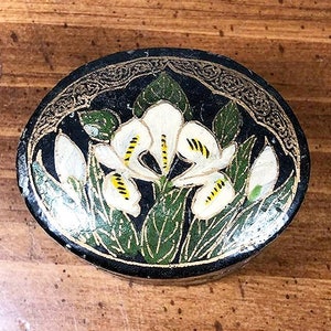 Black Floral Paper Mache Trinket Box – Oval Lidded Box – Hand Painted Jewelry Box – Floral Jewelry Holder