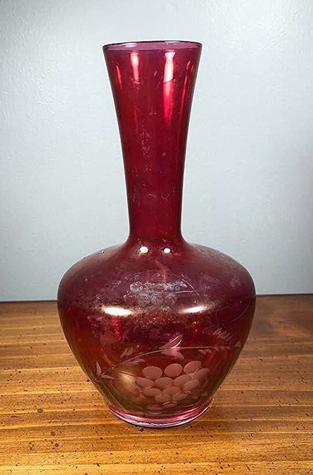 Vintage Cranberry Etched Glass Floral Vase - Etsy