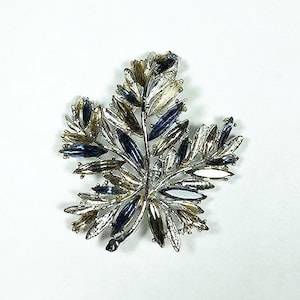 Vintage Leaf Rhinestone Brooch – Blue & Olive Green Sparkle – Silver Tone Pin