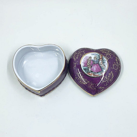 Vintage Purple Heart Shaped Ceramic Trinket Box