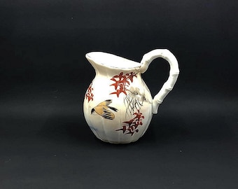Bird Motif Floral Creamer - Hand Painted Tea Pitcher - Vintage Ceramic Coffee Serving Vessel