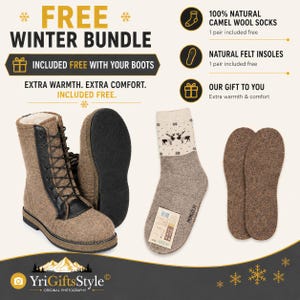 May include: A brown felt boot with black laces and trim, a pair of beige and brown socks with a reindeer pattern, and two brown felt insoles. Text includes FREE WINTER BUNDLE, 100% NATURAL CAMEL WOOL SOCKS, NATURAL FELT INSOLES, and YriGiftsStyle.