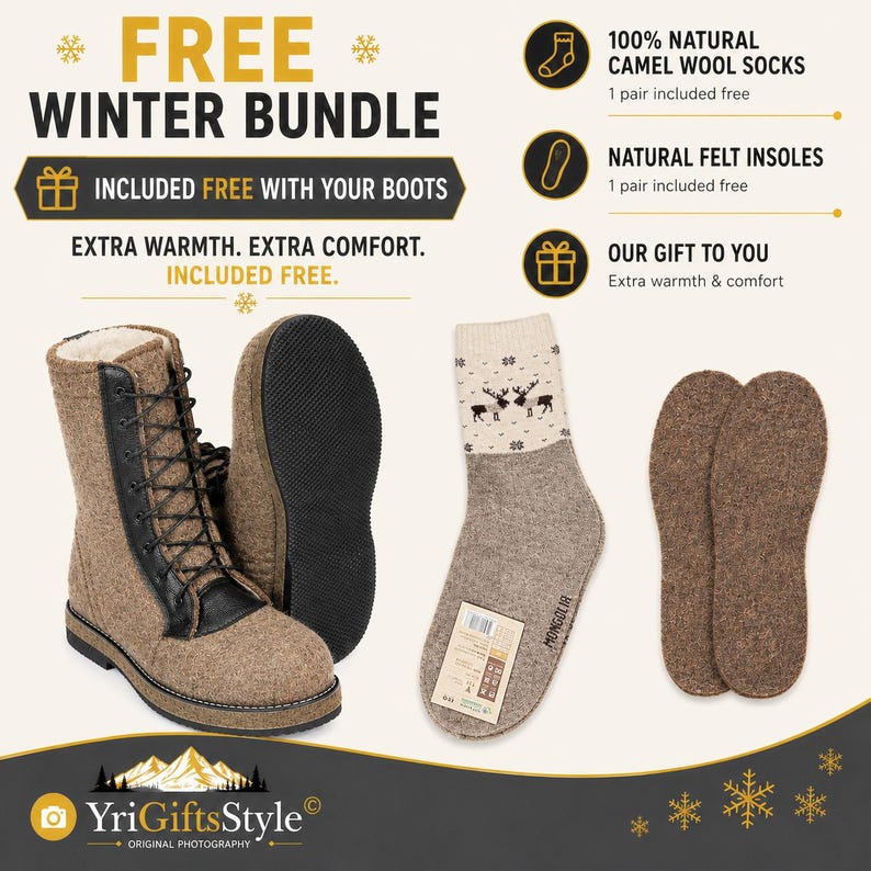 May include: A brown felt boot with black laces and trim, a pair of beige and brown socks with a reindeer pattern, and two brown felt insoles. Text includes FREE WINTER BUNDLE, 100% NATURAL CAMEL WOOL SOCKS, NATURAL FELT INSOLES, and YriGiftsStyle.