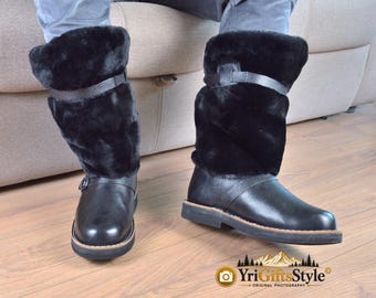 Men's Sheepskin Fur Boots, Genuine Leather Cold Weather Winter Boots, Traditional Unty Boots