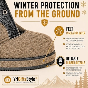 May include: A tan felt boot with a black leather upper section and a black rubber outsole. Text on the image reads: WINTER PROTECTION FROM THE GROUND, FELT INSULATION LAYER, DENSE FELT LAYER ACTS AS A THERMAL BARRIER, RELIABLE RUBBER OUTSOLE.