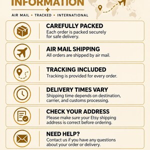 May include: An informational graphic titled DELIVERY INFORMATION with a world map and airplane icon. It lists six points: CAREFULLY PACKED, AIR MAIL SHIPPING, TRACKING INCLUDED, DELIVERY TIMES VARY, CHECK YOUR ADDRESS, and NEED HELP, with the YriGiftsStyle logo.