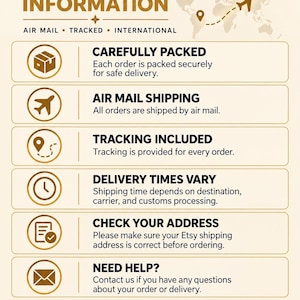 Puede incluir: Un gr&aacute;fico informativo titulado DELIVERY INFORMATION con un mapa mundial y un icono de avi&oacute;n. Enumera seis puntos: CAREFULLY PACKED, AIR MAIL SHIPPING, TRACKING INCLUDED, DELIVERY TIMES VARY, CHECK YOUR ADDRESS y NEED HELP, junto con el logotipo de YriGiftsStyle.