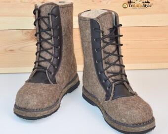 Men's 100% Natural Sheep Wool Felt Winter Boots, Insulated Lace-Up Snow Boots