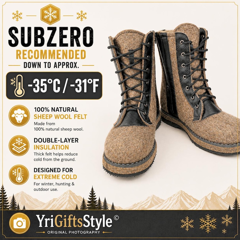 May include: A pair of tan sheep wool felt boots with black leather accents and black laces. Text on the image includes SUBZERO RECOMMENDED DOWN TO APPROX. -35&deg;C / -31&deg;F, 100% NATURAL SHEEP WOOL FELT, DOUBLE-LAYER INSULATION, and YriGiftsStyle.