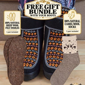May include: Black boots with a colorful orange and white geometric pattern, paired with a pair of brown felt insoles and a beige sock featuring a brown reindeer design. Text on the image reads FREE GIFT BUNDLE WITH YOUR BOOTS, 100% NATURAL SHEEP WOOL FELT INSOLES, and 100% NATURAL CAMEL WOOL SOCKS.