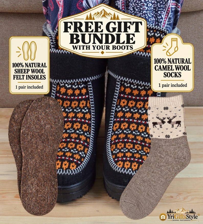 May include: Black boots with a colorful orange and white geometric pattern, paired with a pair of brown felt insoles and a beige sock featuring a brown reindeer design. Text on the image reads FREE GIFT BUNDLE WITH YOUR BOOTS, 100% NATURAL SHEEP WOOL FELT INSOLES, and 100% NATURAL CAMEL WOOL SOCKS.