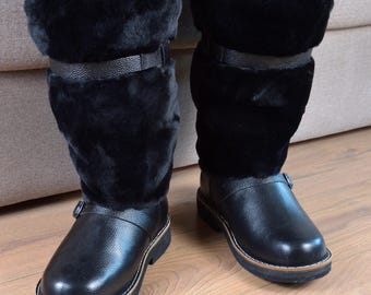 Men's Sheepskin Fur Boots, Genuine Leather Cold Weather Winter Boots, Traditional Unty Boots