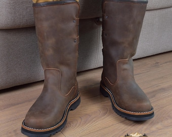 Crazy Horse Leather Winter Boots with 100% Natural Sheepskin Lining
