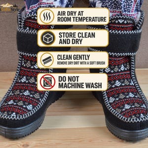 May include: A pair of black boots featuring a red, white, and brown patterned fabric upper with a hook-and-loop strap. The image includes text instructions: Air dry at room temperature, store clean and dry, clean gently, and do not machine wash.