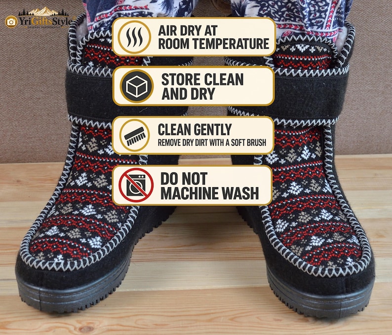 May include: A pair of black boots featuring a red, white, and brown patterned fabric upper with a hook-and-loop strap. The image includes text instructions: Air dry at room temperature, store clean and dry, clean gently, and do not machine wash.