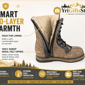 May include: A brown sheep wool felt boot with a black leather lace-up front and a side zipper. The interior features a beige faux fur lining. The boot has a thick black sole and is presented with text labels describing its two-layer warmth.