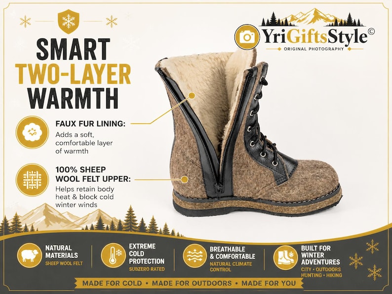 May include: A brown sheep wool felt boot with a black leather lace-up front and a side zipper. The interior features a beige faux fur lining. The boot has a thick black sole and is presented with text labels describing its two-layer warmth.