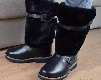 Men’s Large Size Sheepskin Winter Boots, US 13–14, Natural Fur, Genuine Leather