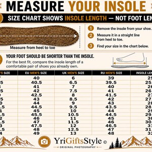May include: An instructional size chart titled MEASURE YOUR INSOLE with a brown insole graphic. It provides three steps for measuring, a diagram comparing foot and insole length, and a table converting US, EU, UK, and RU sizes to cm lengths.