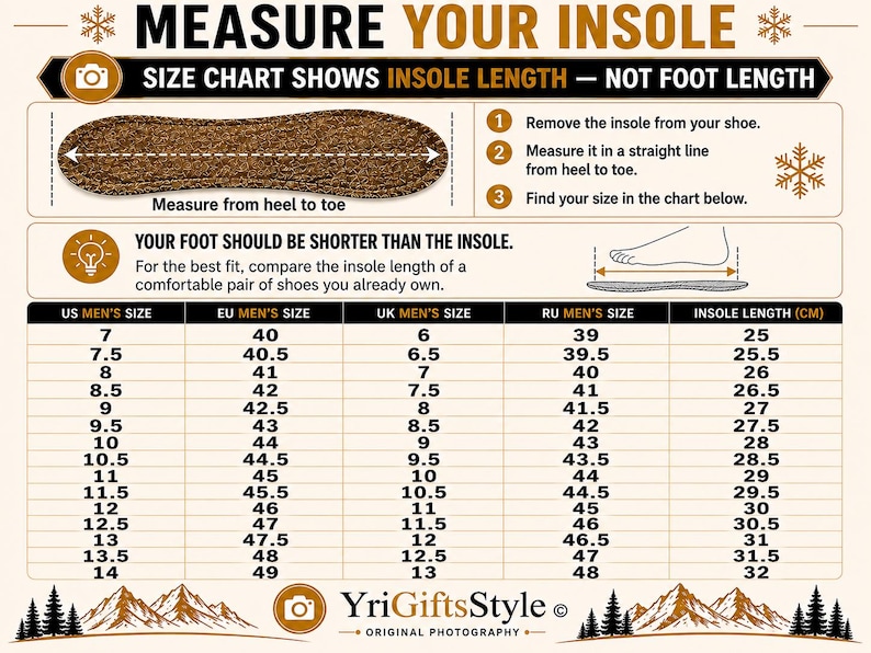 May include: An instructional size chart titled MEASURE YOUR INSOLE with a brown insole graphic. It provides three steps for measuring, a diagram comparing foot and insole length, and a table converting US, EU, UK, and RU sizes to cm lengths.