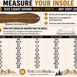 Puede incluir: Una tabla de tallas titulada MEASURE YOUR INSOLE con un gr&aacute;fico de plantilla marr&oacute;n. Incluye tres pasos para medir, un diagrama que compara la longitud del pie y la plantilla, y una tabla de conversi&oacute;n de tallas a cent&iacute;metros.