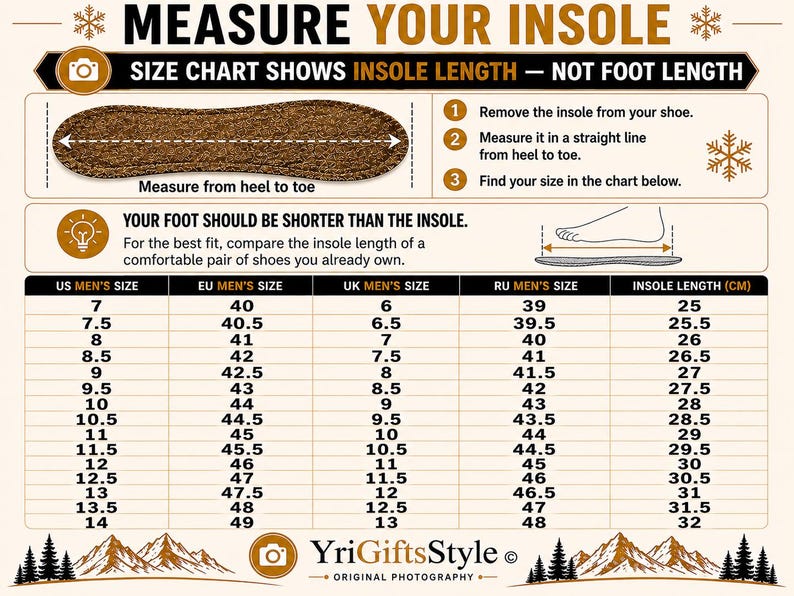 Puede incluir: Una tabla de tallas titulada MEASURE YOUR INSOLE con un gr&aacute;fico de plantilla marr&oacute;n. Incluye tres pasos para medir, un diagrama que compara la longitud del pie y la plantilla, y una tabla de conversi&oacute;n de tallas a cent&iacute;metros.