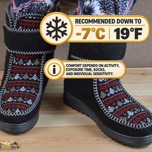 May include: Black felt boots featuring a red, white, and grey geometric pattern on the front panel with white whipstitch detailing. Text overlays state: RECOMMENDED DOWN TO -7&deg;C | 19&deg;F and COMFORT DEPENDS ON ACTIVITY, EXPOSURE TIME, SOCKS, AND INDIVIDUAL SENSITIVITY.