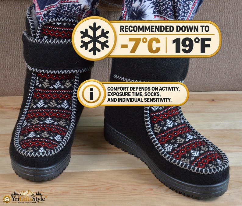 May include: Black felt boots featuring a red, white, and grey geometric pattern on the front panel with white whipstitch detailing. Text overlays state: RECOMMENDED DOWN TO -7&deg;C | 19&deg;F and COMFORT DEPENDS ON ACTIVITY, EXPOSURE TIME, SOCKS, AND INDIVIDUAL SENSITIVITY.