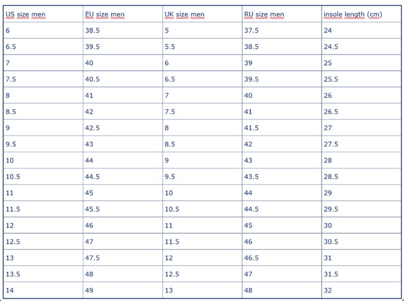 Puede incluir: Un gr&aacute;fico que muestra las conversiones de tallas de zapatos para hombres entre las tallas de EE. UU., UE, Reino Unido y Rusia. El gr&aacute;fico tambi&eacute;n incluye la longitud de la plantilla en cent&iacute;metros.