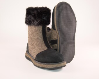 Women's boots made of genuine sheepskin, with a zipper, insulated sole, and genuine suede upper