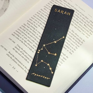 Personalised Star Sign Leather Bookmark Stamped Name or Initials, Christmas Stocking Filler / Birthday Gift for Her, Zodiac Themed Gift image 1