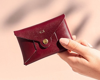 Personalised Burgundy Leather Coin Purse Gift for Her / Autumnal Women's Oxblood Maroon Leather Card Holder / Secret Message Purse + Initial