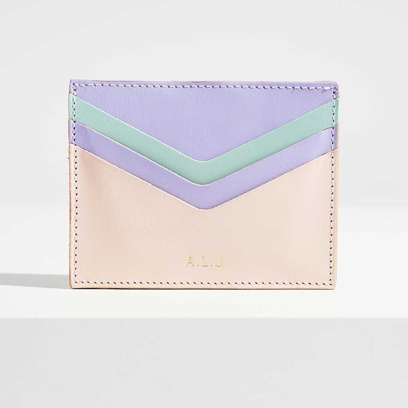 Personalised Leather Card Holder for Women Mother's Day Gift Handmade Case Initials Pastel Blush Pink, Mint Green, Lilac Leather image 2