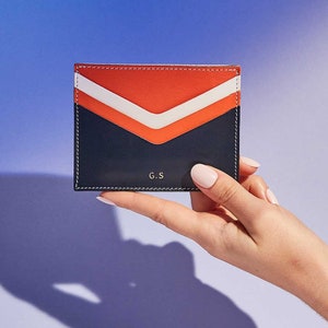 Personalised Leather Card Holder for Women Handmade Leather Card Case Initials Navy Blue Leather with Nautical White and Orange image 2