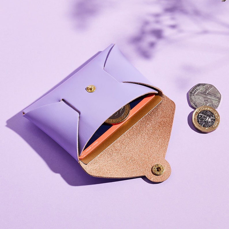 Personalised Lilac Leather Coin Purse with Blue Wavy Edge Scalloped Purse Card Holder for Her Fun Customised Birthday Gift for Friend image 4