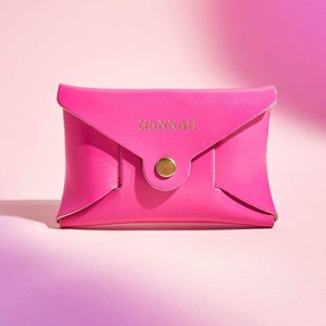 Personalised Leather Coin Purse Women / Fuchsia Pink Card Purse / Hot Pink Valentine's Gift for Her / Secret Message Coin Purse Initials image 5