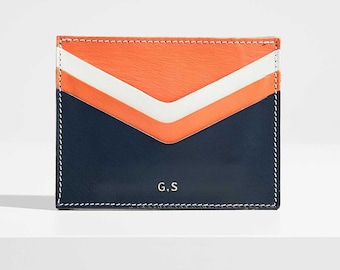 Personalised Leather Card Holder for Women | Handmade Leather Card Case + Initials | Navy Blue Leather with Nautical White and Orange