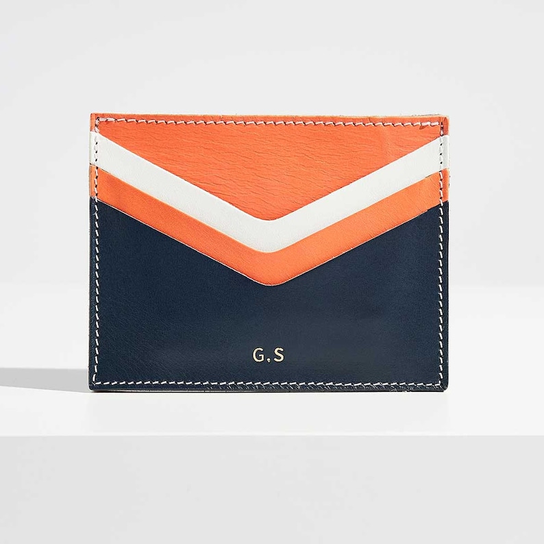 Personalised Leather Card Holder for Women Handmade Leather Card Case Initials Navy Blue Leather with Nautical White and Orange image 1