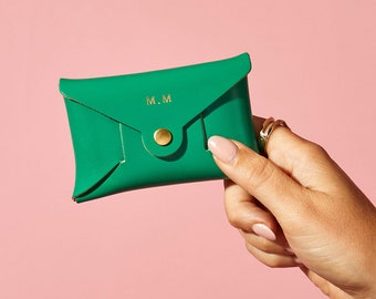 Monedero de cuero personalizado para mujeres / Monedero de tarjeta verde brillante / Regalo verde del Día de la Madre para ella / Monedero de moneda de mensaje secreto + Iniciales